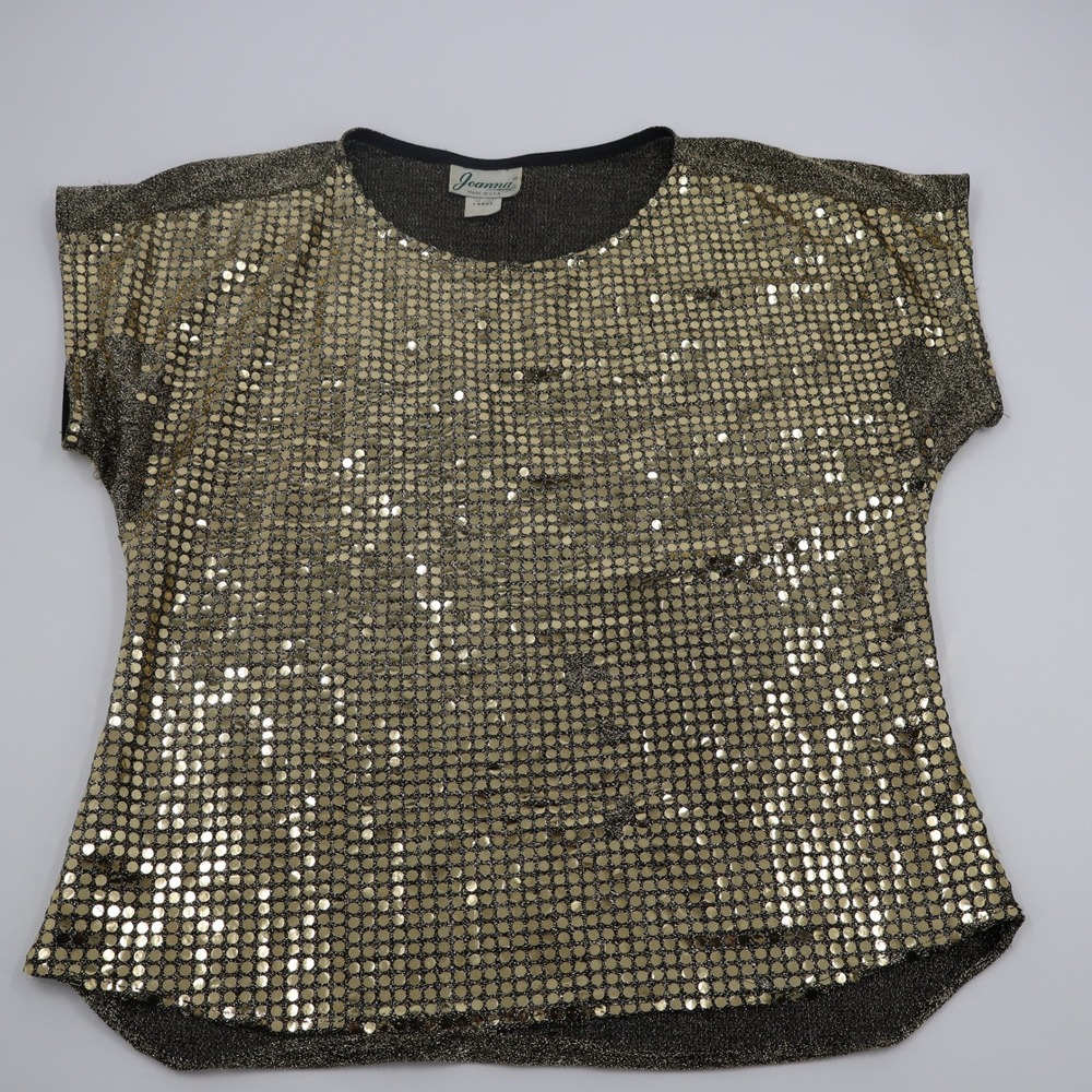 Joanna‎ Vintage Gold Sequin Metallic Knit Top 80s 90s Party Blouse Large 78798